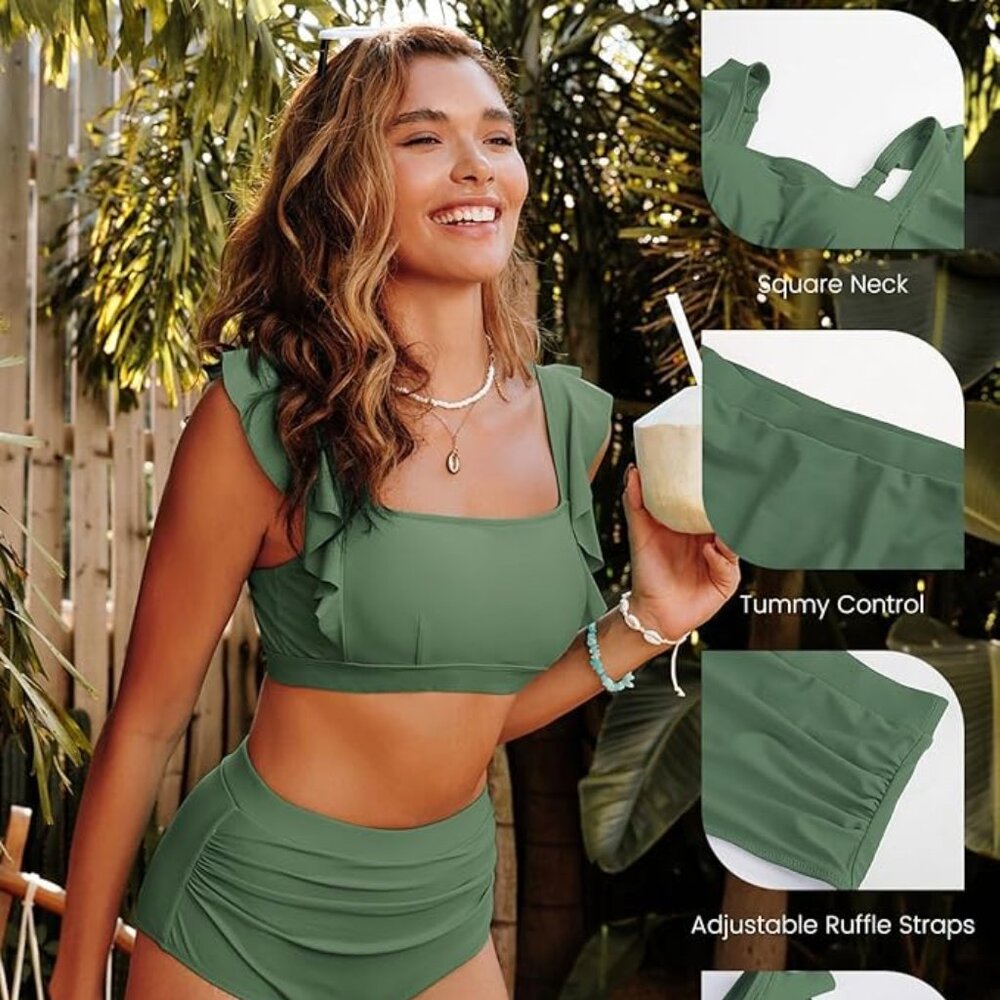 High Waisted Ruffle Tummy Control Bikini - Picture 6 of 6